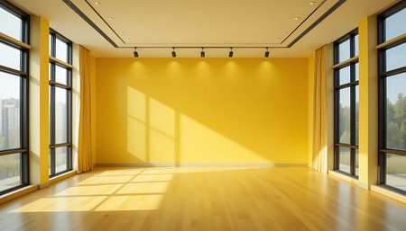 Empty room with yellow walls and wooden floor. 3d rendering.の写真素材
