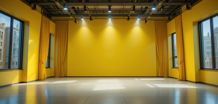 Interior of the empty room with yellow wall and yellow curtains.の写真素材