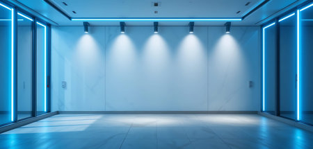 3d rendering of empty room with blue led lights on the wallの写真素材