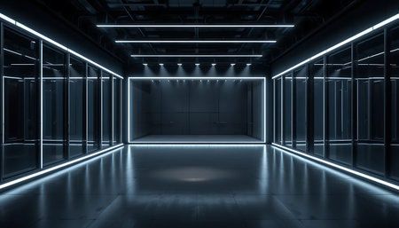 Futuristic corridor with glowing lights, 3d rendering. Computer digital drawing.