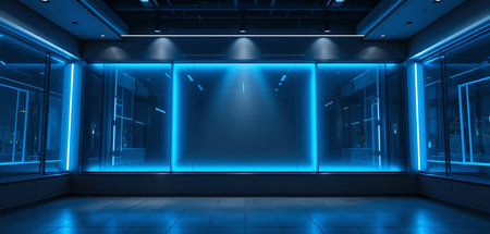 3d rendering of blue light in the dark room with neon lightsの写真素材