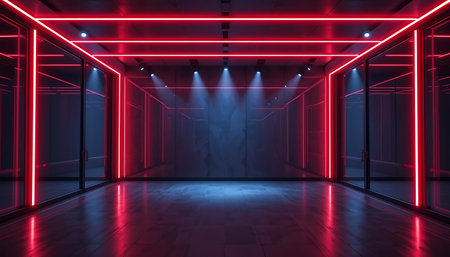 3d rendering. Futuristic empty room with red neon lights.の写真素材