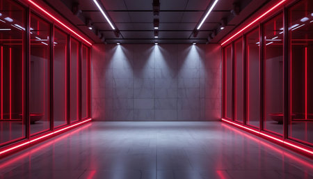 Futuristic corridor with red neon lights. 3D Renderingの写真素材