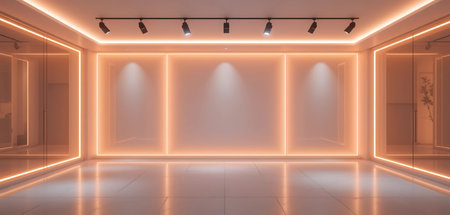 3D rendering of the interior of a modern studio with neon lights