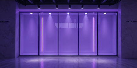 3d rendering of a purple neon shop window in a dark room