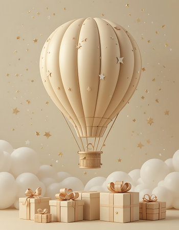 3d illustration of gift boxes and hot air balloon with confettiの写真素材
