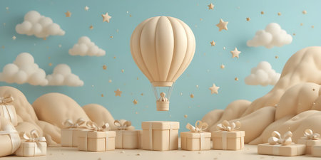 3D Render of Flying Hot Air Balloon with Gift Boxes and Clouds Backgroundの写真素材