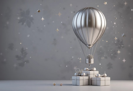 Gift box and hot air balloon on grey background. 3D renderingの写真素材