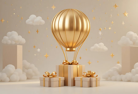 3d render of gift box with golden hot air balloon on white backgroundの写真素材