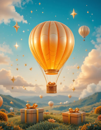 Hot air balloon with gift boxes in the sky. 3D renderingの写真素材