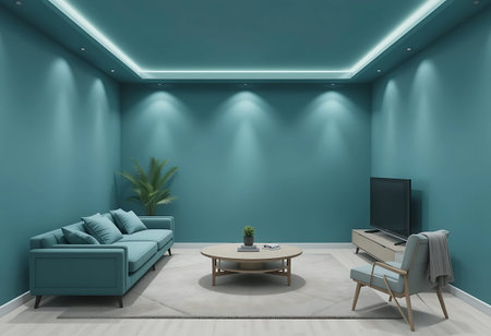 Interior of modern living room with blue wall, 3d render