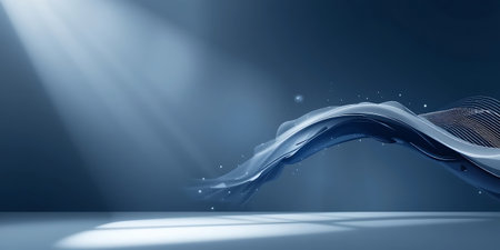 3d render of abstract blue background with light beam and curved linesの写真素材
