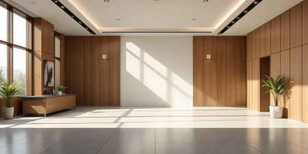 3d rendering interior of modern office with wooden walls and tiled floor