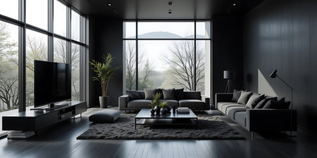 Modern black living room interior with panoramic window. 3D Renderingの写真素材