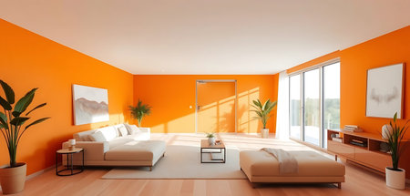 Interior of modern bright living room with orange walls, wooden floor and orange sofaの写真素材