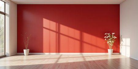 Empty room with red wall and wooden floor. 3d rendering.の写真素材