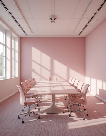 Interior of modern conference room with pink walls, wooden floor and rows of white chairs. 3d...