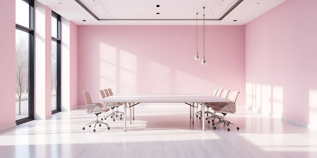 Interior of a modern conference room with pink walls, white floor and long conference table with chairs. 3d renderingの写真素材
