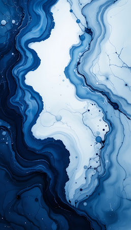 Blue and black abstract acrylic background. Marbling artwork texture. Agate ripple pattern. Gold...