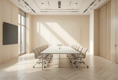 Modern conference room interior with wooden floor and daylight. 3D Renderingの写真素材