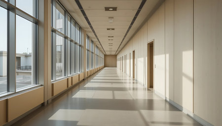Empty corridor in modern office building interior. 3d render illustration.の写真素材