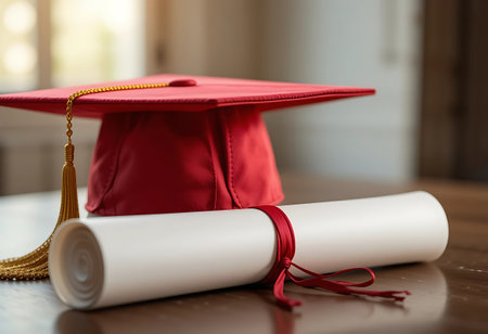 Graduation cap and diploma on table, closeup. Education conceptの写真素材