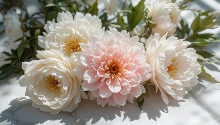 Beautiful white peony flowers on white marble background, closeupの写真素材
