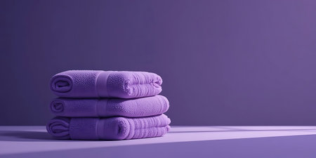 Stack of clean towels on a purple background. 3d rendering.の写真素材