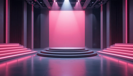 3d rendering of empty podium in the dark room with neon lights