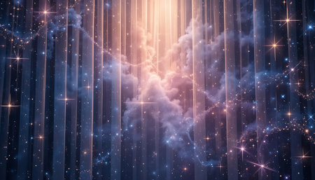 Magical sky with glowing stars and clouds. 3D illustration.