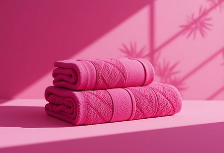 Towels on pink background with shadows. 3d rendering.の写真素材