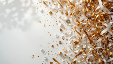 Christmas background with golden confetti and snowflakes on white backgroundの写真素材