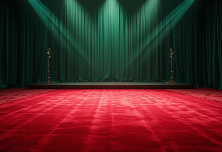 Red carpet and golden stand on a stage with a green curtain.の写真素材