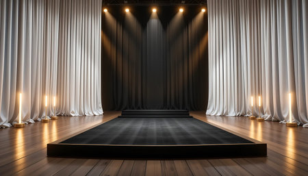 Stage with white curtains and spotlight. 3d rendering mock up sceneの写真素材