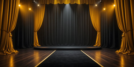Stage with red curtains and spotlights. 3D Rendering.の写真素材