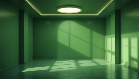 3d render of empty room with green wall and light from windowの写真素材