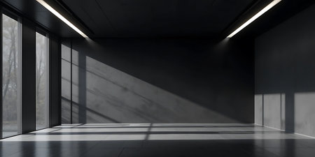 3d render of empty room with black walls, floor and windowsの写真素材