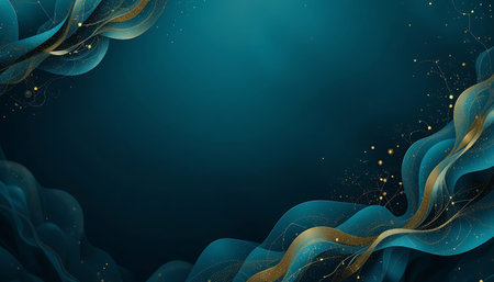 Blue abstract wavy background with golden lines and sparkles. Vector illustration.の写真素材