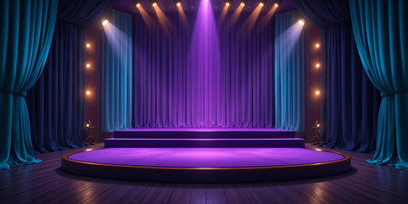 Stage with blue curtains, podium and spotlights. Vector illustration.の写真素材