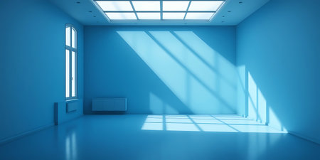 Blue empty room with window and sunlight. 3D Rendering.の写真素材