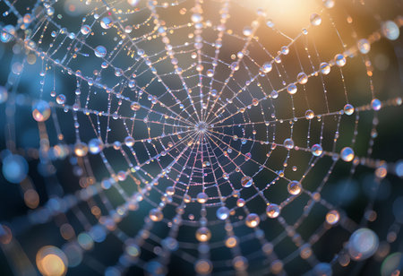 spider web with dew drops in the morning light, abstract backgroundの写真素材