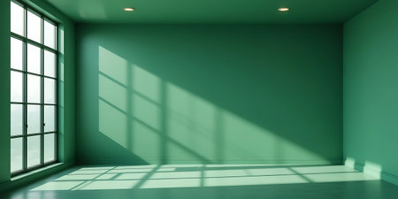 Green empty room with window and sunlight, 3d render, square imageの写真素材