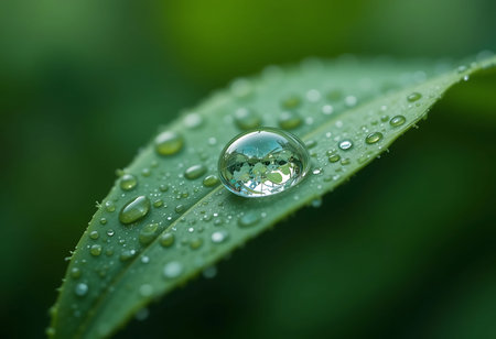 Water drop on green leaf with nature background. Shallow depth of field.