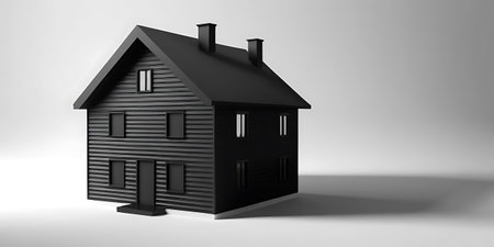 3D rendering of a black house isolated in white studio background with shadowの写真素材
