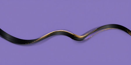 Black ribbon on purple background. 3d rendering. Computer digital drawing.