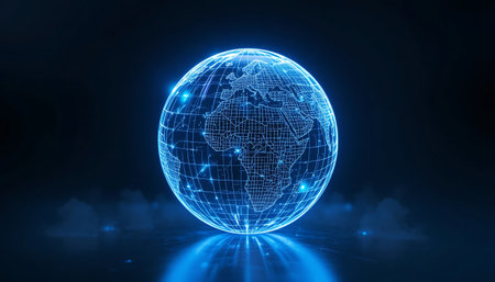 Glowing globe with glowing lines and dots on dark background. 3D renderingの写真素材