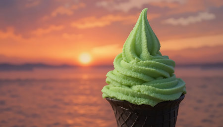 Green ice cream in a waffle cone on the background of the sea and sunsetの写真素材