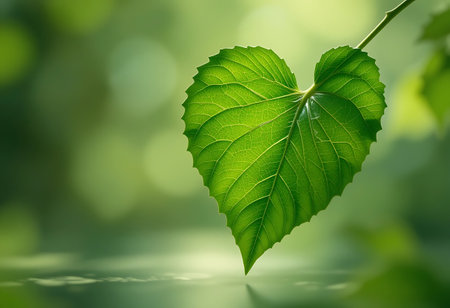 Heart shaped leaf on a green bokeh background with copy spaceの写真素材