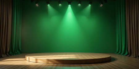 Green stage with spotlights and curtain. 3d render image.の写真素材