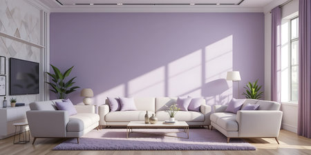 interior with purple wall, 3d rendered illustration of a modern living roomの写真素材